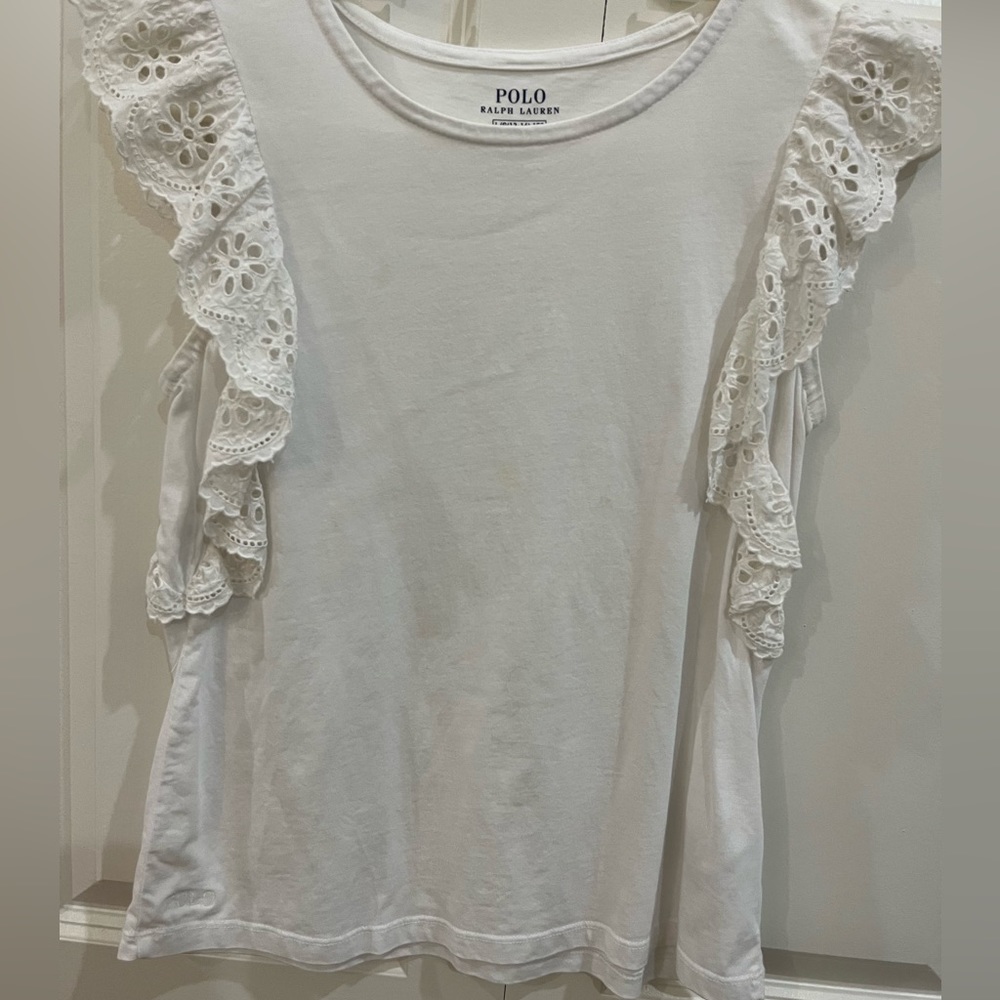 Ralph Lauren polo- white short sleeve top with ruffled embroidery, size L